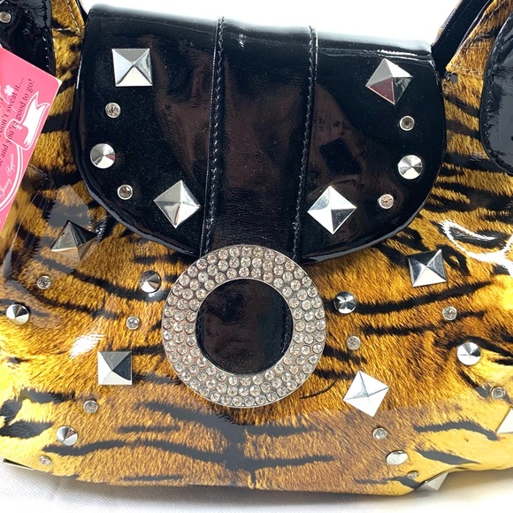 Charm and Luck 100% Genuine Leather Tiger Stripes, Embellished Handbag. - Picture 2 of 16